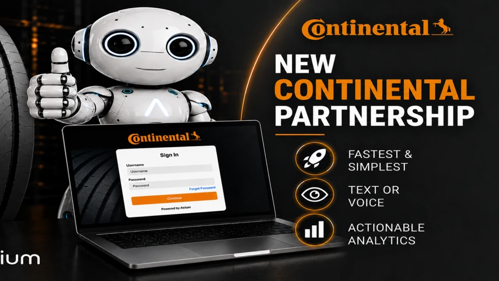 Promotional graphic announcing a new Continental partnership with Atrium, featuring a robot, commercial truck tire, laptop login screen, and icons highlighting fast onboarding, text or voice interaction, and actionable analytics.