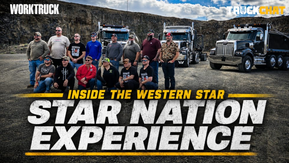 Group of Western Star Star Nation participants posing in front of heavy-duty trucks at a quarry, with the text “Inside the Western Star Star Nation Experience.”