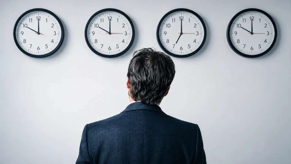 A fleet manager viewed from behind looks up at four wall clocks, representing the time pressures and operational costs associated with vehicle downtime.