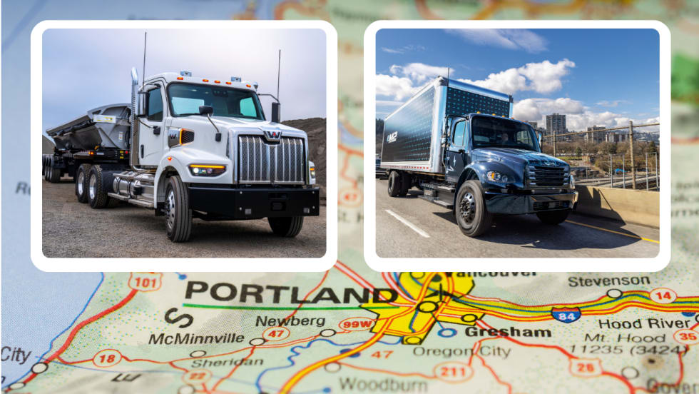 Graphic showing vocational and medium-duty trucks over a Portland, Oregon map, highlighting Daimler Truck North America's Portland manufacturing operations and diverse commercial vehicle lineup.