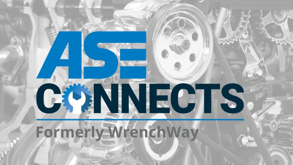 ASE Connects logo over a grayscale engine background with the tagline “Formerly WrenchWay,” highlighting the platform’s rebranding while emphasizing its connection to the automotive service and technician community.