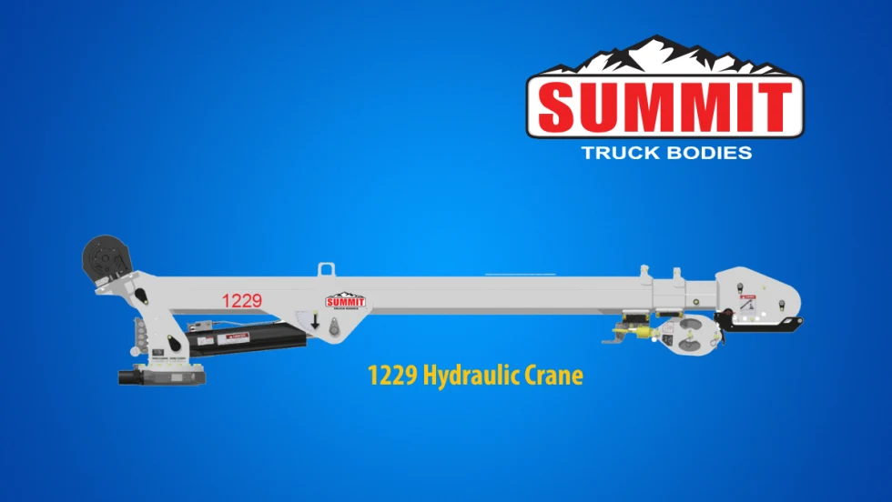 White truck crane against a blue background with logo for Summit Truck Bodies and headline 1229 Hydraulic Crane.