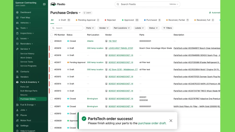 Fleetio Purchase Orders dashboard showing order statuses, vendors, parts, and locations, with a confirmation message stating, “PartsTech order success! Please finish adding your parts to the purchase order draft.”