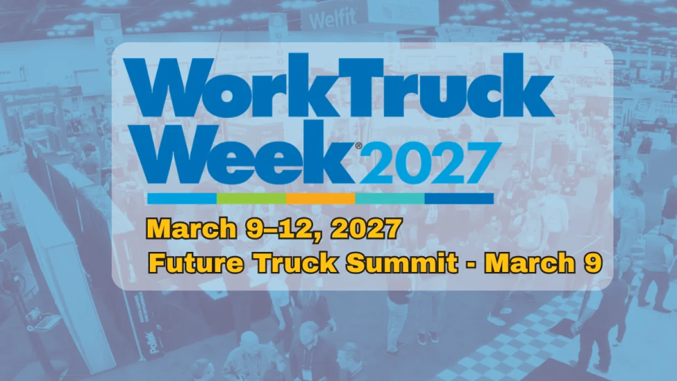 Work Truck Week 2027 promotional graphic over a trade show floor, announcing the March 9–12 event and Future Truck Summit on March 9.