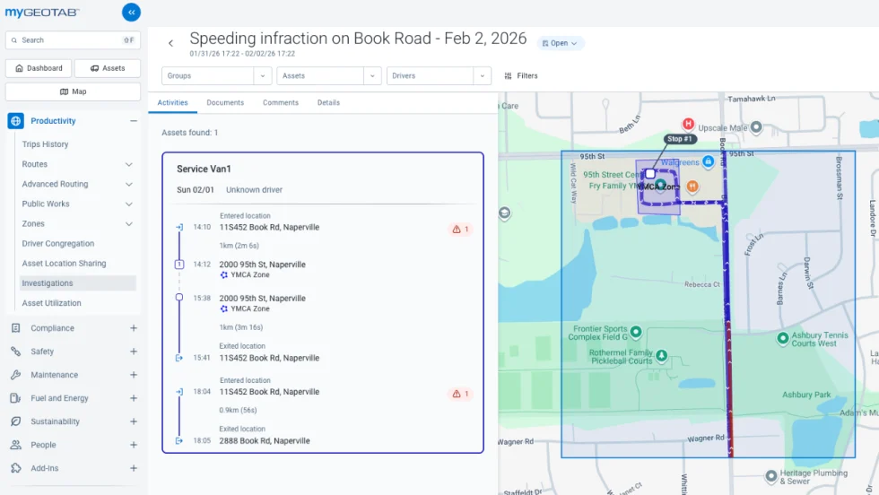 Screenshot of Geotab Investigations showing a speeding infraction case for a service van, with a timeline of vehicle activity alongside a mapped route and incident location.