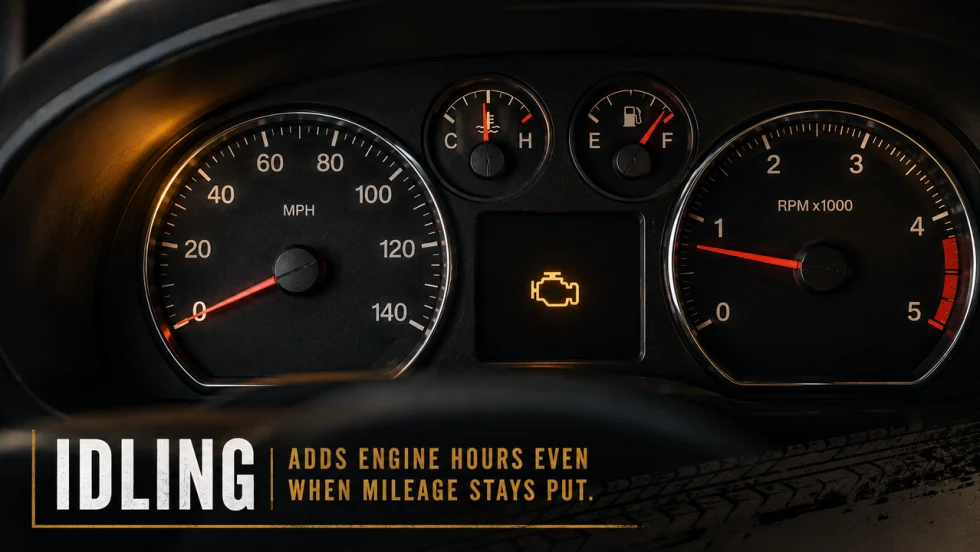 Vehicle dashboard showing the speedometer at 0 mph while the tachometer shows the engine running at idle, with a graphic noting that idling adds engine hours without adding mileage.