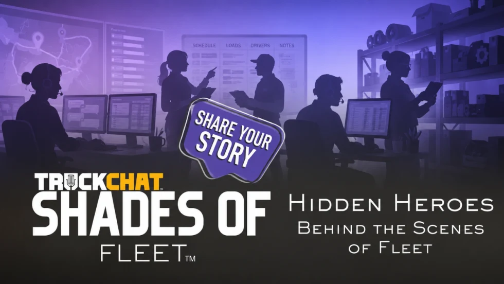 Shades of Fleet Hidden Heroes graphic featuring silhouetted dispatchers, coordinators, parts specialists, and support staff working across fleet operations, with a Share Your Story callout.