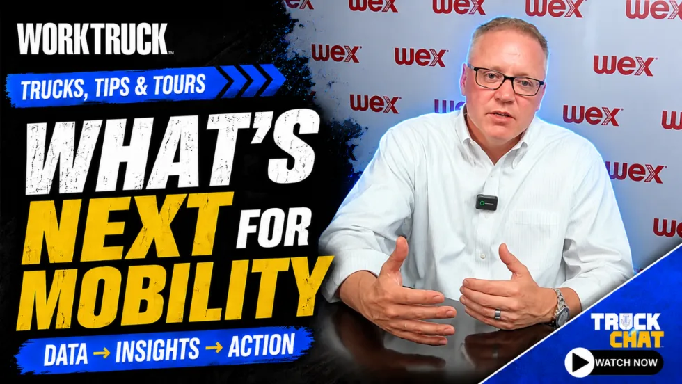 Work Truck Trucks, Tips & Tours thumbnail featuring a man speaking in front of WEX logos, with the headline “What’s Next for Mobility” and tagline “Data → Insights → Action.”