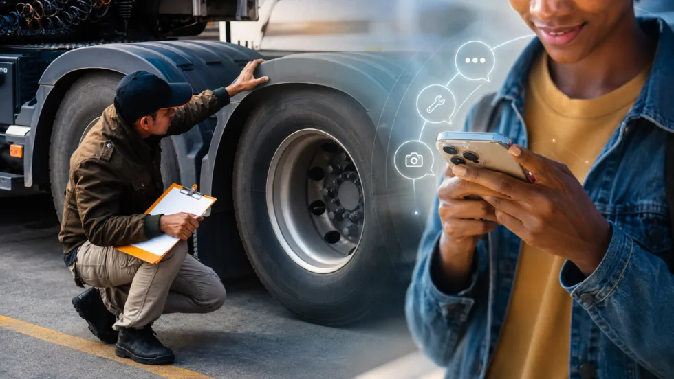 Driver uses a smartphone in the foreground while a fleet professional inspects the tires of a commercial truck.