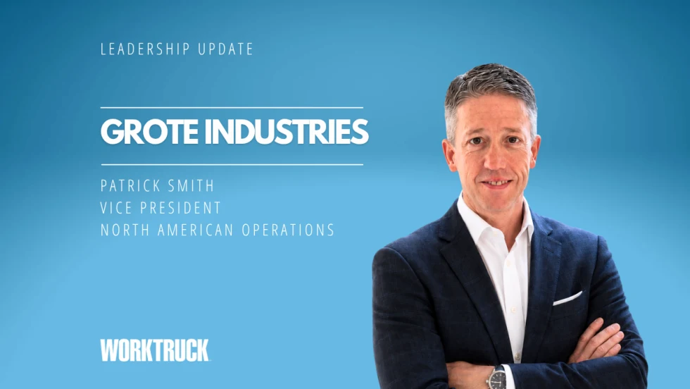 Leadership update graphic featuring Patrick Smith, vice president of North American operations at Grote Industries, posed in a suit against a blue background with the Work Truck logo.