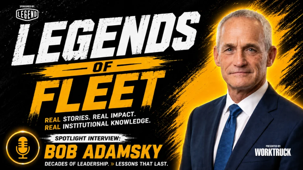 Fleet Legends promotional graphic featuring Bob Adamsky in a suit beside bold black, white, and yellow text reading “Legends of Fleet,” with his name and the tagline “Decades of Leadership. Lessons That Last.”