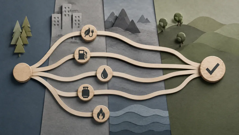 Conceptual map showing multiple energy paths, including electric, gasoline, propane, and other fuels, converging at the same operational goal.