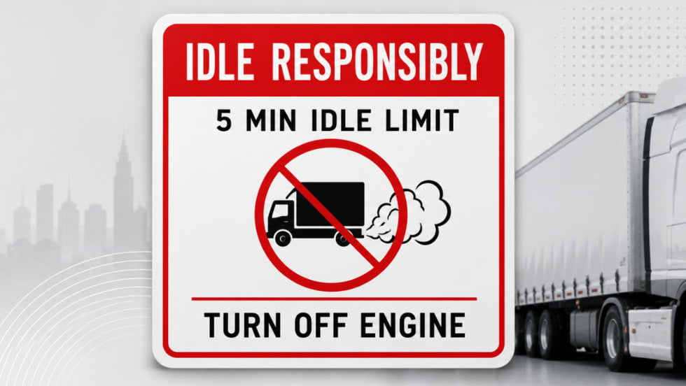 A clean editorial graphic shows a large red-and-white anti-idling sign in the foreground that reads “Idle Responsibly,” “5 Min Idle Limit,” and “Turn Off Engine,” with a no-idling symbol over a truck emitting exhaust. A white semi-truck and trailer are parked in the background on the right against a soft gray backdrop with subtle city skyline and graphic dot patterns.