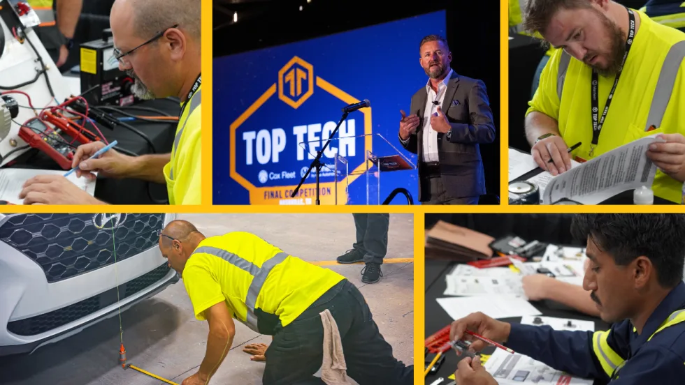 Collage from the Cox Automotive Top Tech competition showing technicians completing hands-on automotive challenges and paperwork, alongside a speaker presenting on stage.