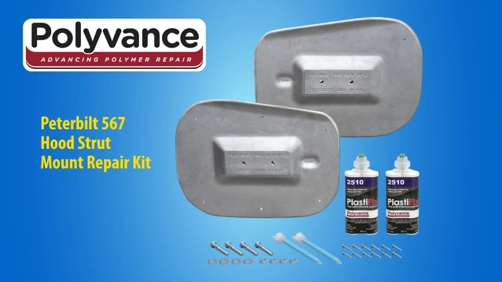 Polyvance Peterbilt 567 Hood Strut Mount Repair Kit featuring two mounting plates, PlastiFix adhesive, fasteners, washers, and applicators against a blue background.