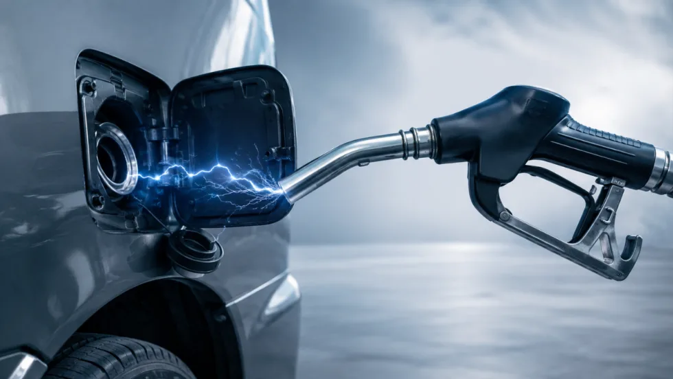 Fuel nozzle positioned near a vehicle’s open fuel filler as blue static electricity arcs between the nozzle and fill point.