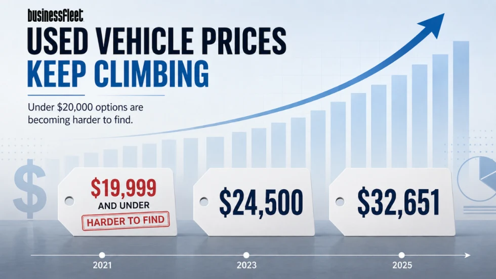 Graphic showing used-vehicle prices climbing from $19,999 to $32,651 alongside an upward-trending chart, illustrating how affordable used vehicles are becoming harder to find.