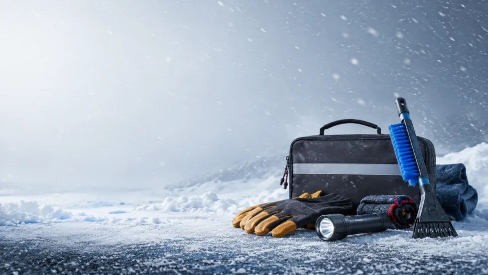 Winter emergency kit with gloves, flashlight, snow brush, and cold-weather supplies arranged on snowy ground during falling snow.