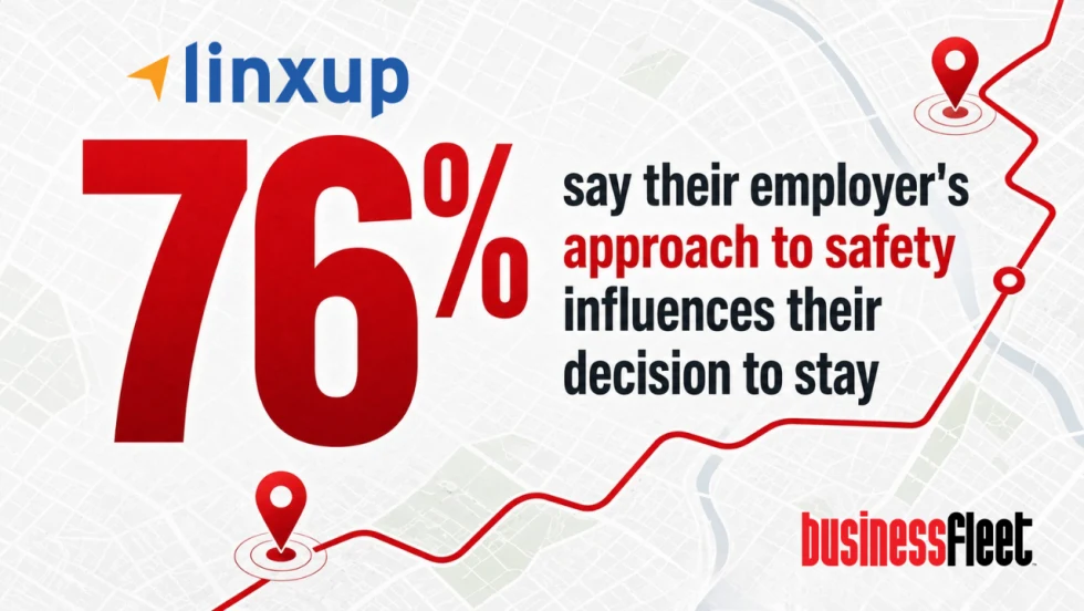 Infographic showing 76% of fleet drivers say their employer’s approach to safety influences their decision to stay with the company, with a red GPS route and location pins over a city map.