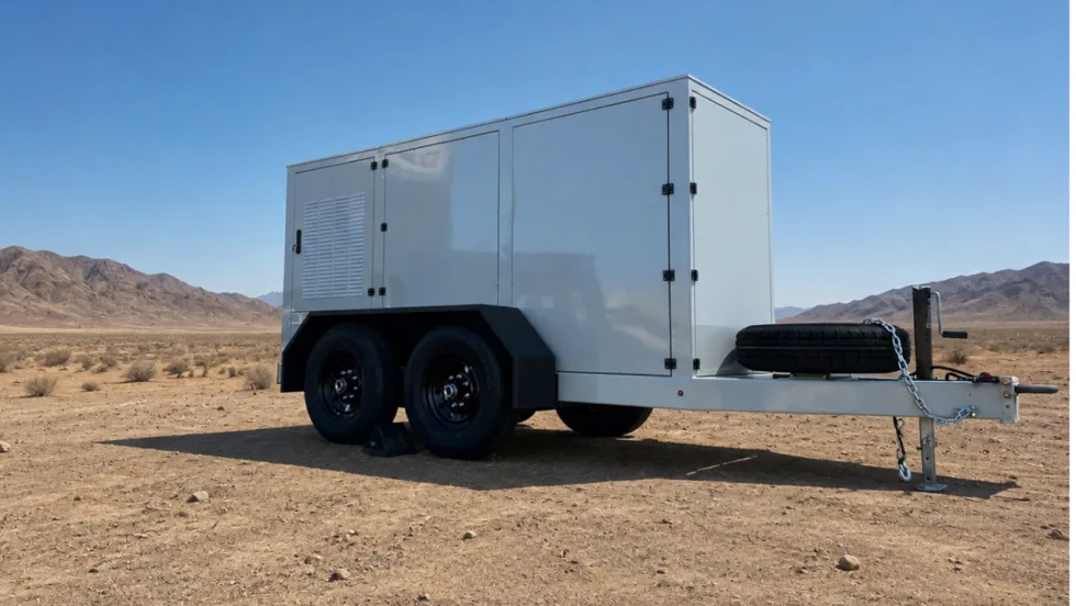 White dual-axle enclosed equipment trailer with side access doors and a spare tire, parked in a desert landscape with mountains in the background.