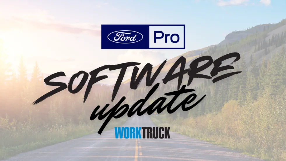 Ford Pro Software Update graphic featuring Ford Pro and Work Truck logos over a scenic mountain road surrounded by forest.