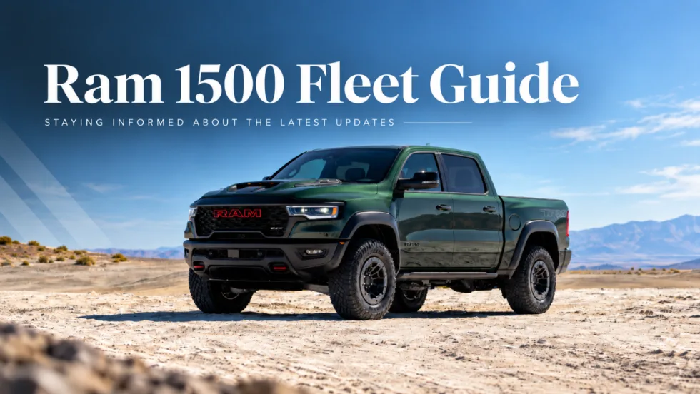 Dark green Ram 1500 pickup parked in a desert landscape beneath the words “Ram 1500 Fleet Guide.”