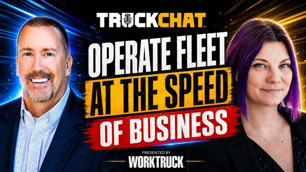 Truck Chat promotional graphic featuring two hosts and the headline “Operate Fleet at the Speed of Business,” presented by Work Truck.