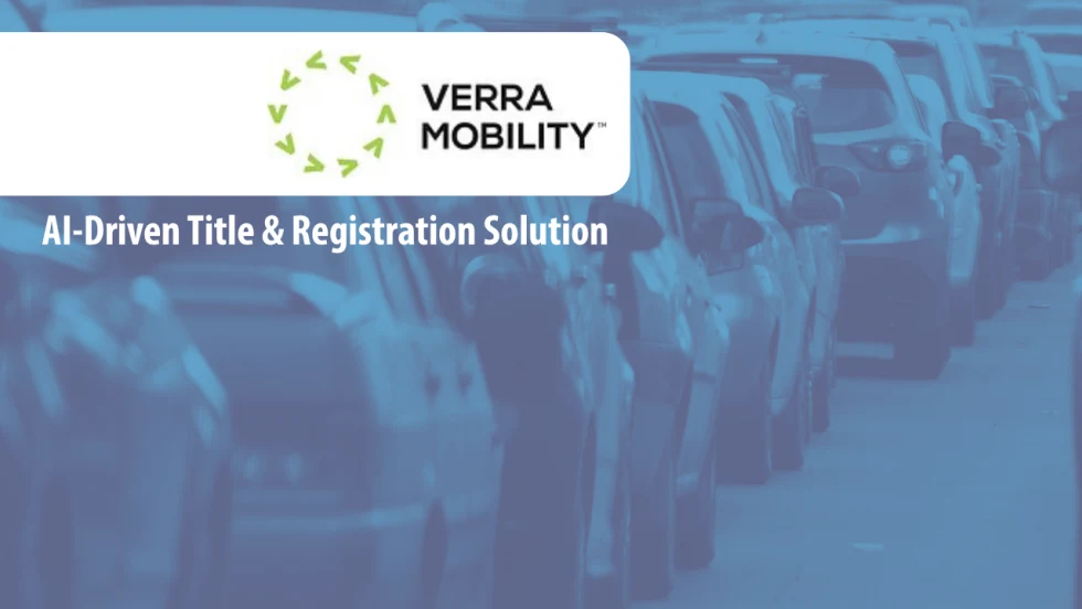 Verra Mobility logo centered over a blue-tinted background showing a line of vehicles in traffic.