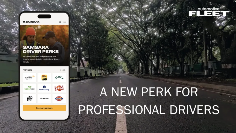 Graphic showing the Samsara Driver Perks program on a smartphone beside an open roadway, with the callout “A New Perk for Professional Drivers.”