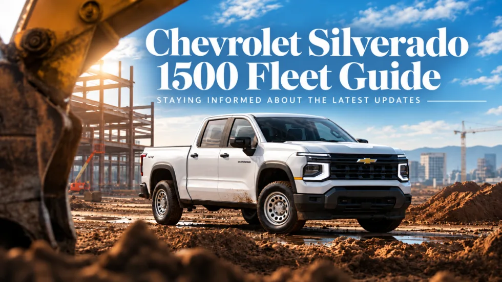 White 2027 Chevrolet Silverado 1500 Work Truck at a construction site beneath the words “Chevrolet Silverado 1500 Fleet Guide.”