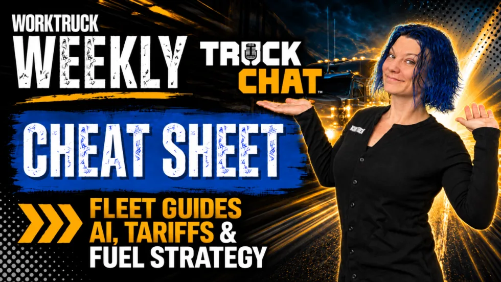 Lauren Fletcher appears in a Work Truck Weekly Truck Chat Cheat Sheet thumbnail with bold blue, black, white, and orange graphics. Text highlights fleet guides, AI, tariffs, and fuel strategy, with a semi-truck in the background.