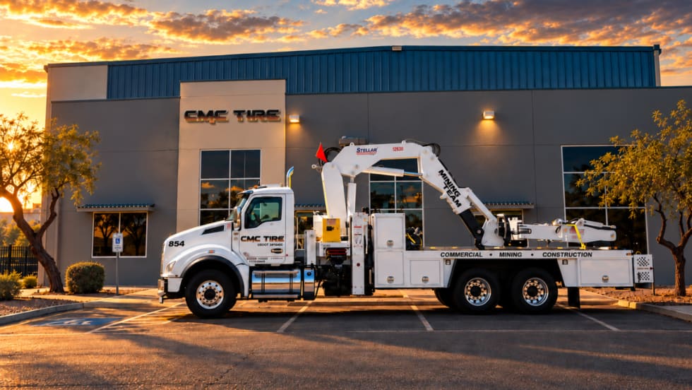CMC Tire commercial service truck parked outside an Arizona tire service facility at sunset.