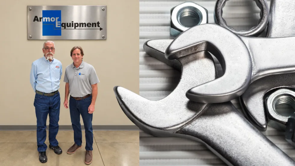 Composite image showing two men standing beneath an Armor Equipment sign alongside a close-up of metal wrenches and nuts, representing an equipment service or business acquisition.