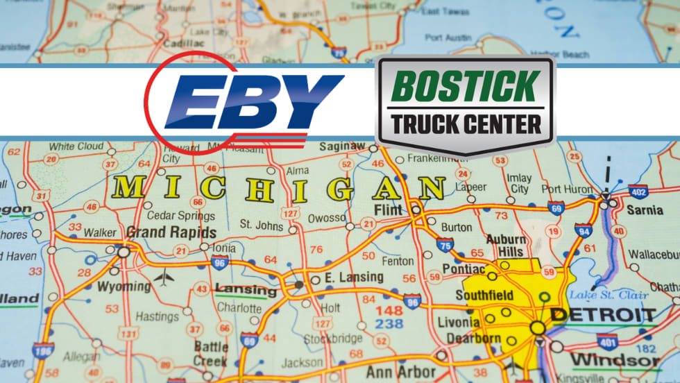 Graphic featuring EBY and Bostick Truck Center logos over a road map of Michigan highlighting cities including Detroit, Flint, Lansing, Grand Rapids, and Ann Arbor.