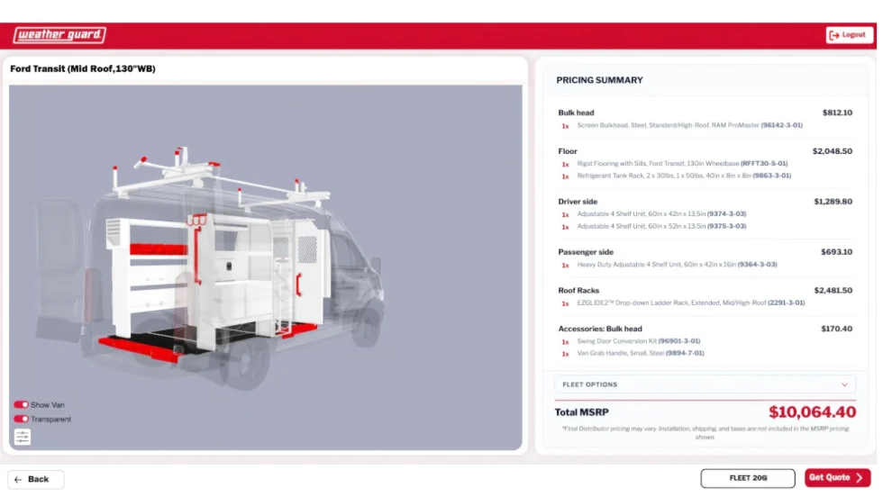 Weather Guard van configurator showing a transparent Ford Transit with shelving, storage, flooring, and roof rack equipment, alongside a pricing summary totaling $10,064.40