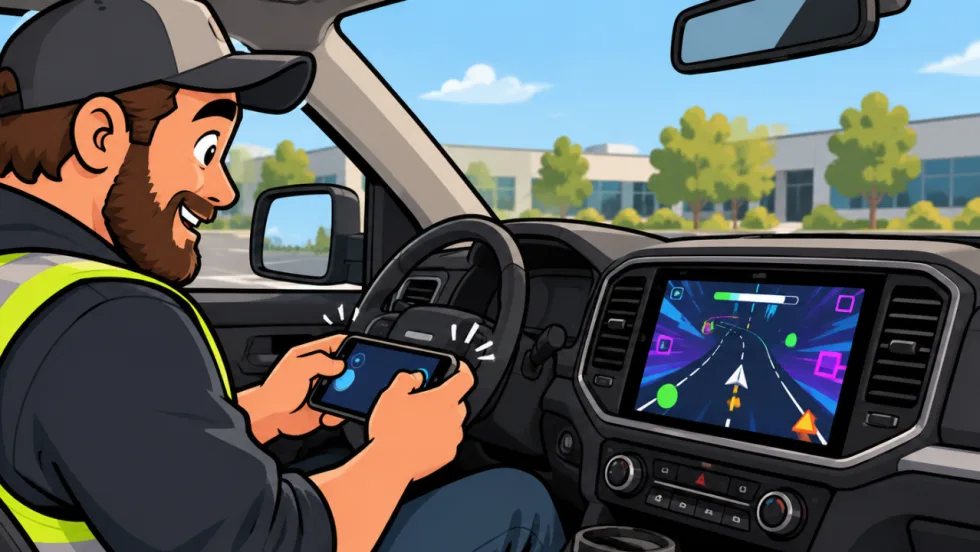 Cartoon illustration of a fleet driver using a handheld controller to play a video game on a vehicle’s center infotainment screen while parked.