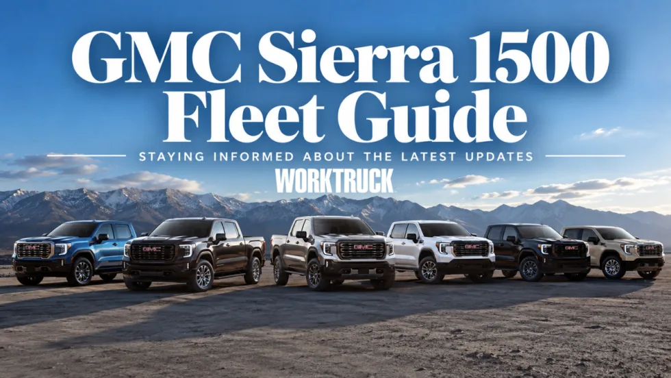 Six 2027 GMC Sierra 1500 pickups lined up on a dirt overlook with mountains in the background beneath the words “GMC Sierra 1500 Fleet Guide.”