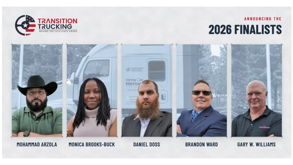 Transition Trucking Driving for Excellence Award graphic announcing five 2026 finalists: Mohammad Arzola, Monica Brooks-Buck, Daniel Doss, Brandon Ward, and Gary W. Williams, pictured in front of a semi-truck.