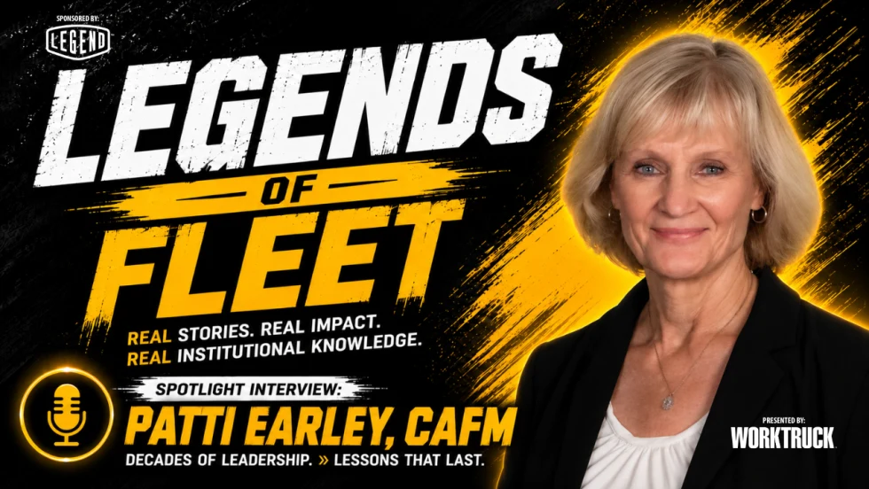 Patti Earley, CAFM, appears beside the “Legends of Fleet” title on a black and gold interview thumbnail. LEGEND and Work Truck logos are also shown.