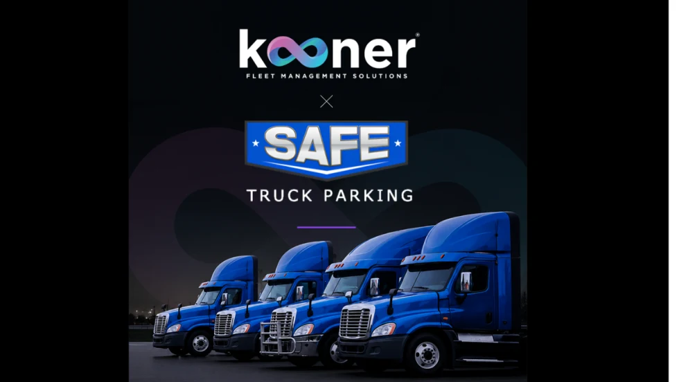 Kooner Fleet Management Solutions and SAFE Truck Parking partnership graphic featuring four blue semi-trucks parked in a row against a dark background.