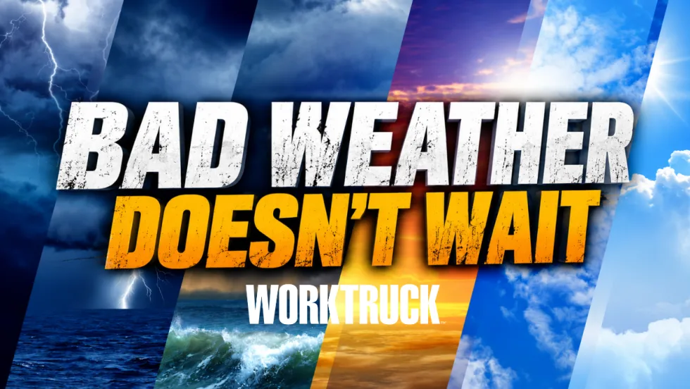 Graphic showing changing weather conditions, including lightning, dark storm clouds, rough water, and clearing skies, with the text “Bad Weather Doesn’t Wait.”