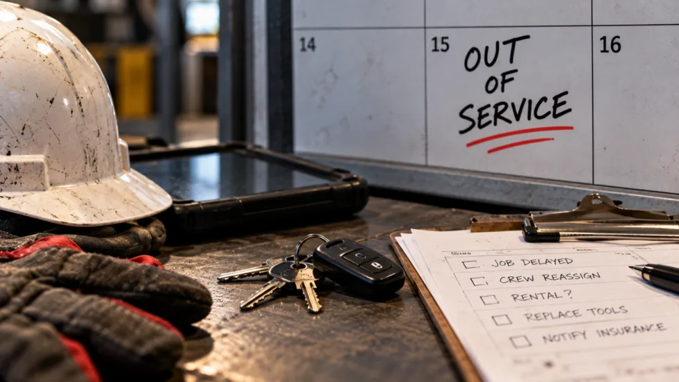 Work gloves, a hard hat, tablet, keys, and paperwork sit on a workbench beside a calendar marked “Out of Service,” illustrating the operational disruption caused by a missing work truck.