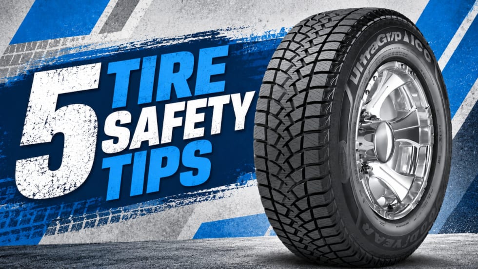 Graphic featuring a work truck tire with the text “5 Tire Safety Tips” on a blue and gray background.