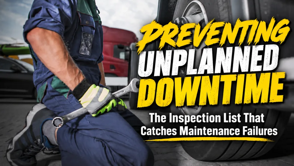 Fleet maintenance graphic showing a technician holding a wrench beside a truck tire, with the headline “Preventing Unplanned Downtime” and subhead about an inspection list that catches maintenance failures.