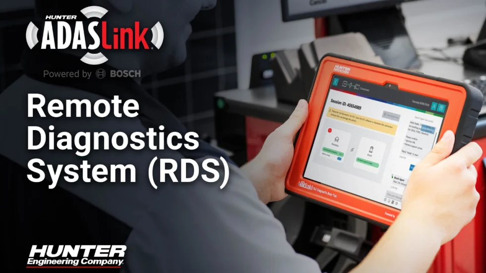 Hunter Engineering ADASLink Remote Diagnostics System graphic showing a technician holding a diagnostic tablet, with Hunter ADASLink and Bosch branding.