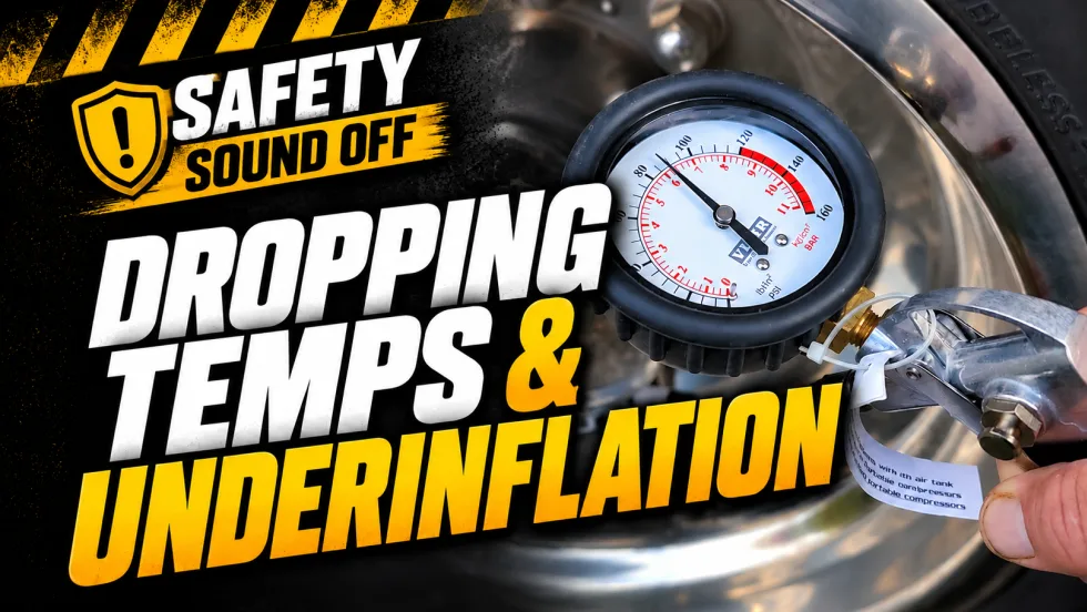Safety Sound Off graphic showing a tire pressure gauge attached to a wheel, with the headline “Dropping Temps & Underinflation” emphasizing tire safety in colder temperatures.