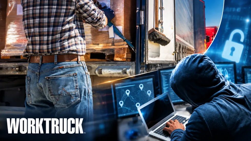Work Truck graphic illustrating cargo theft, showing a worker loading a trailer while a hooded figure uses a laptop near digital tracking screens and an unlocked padlock symbol.