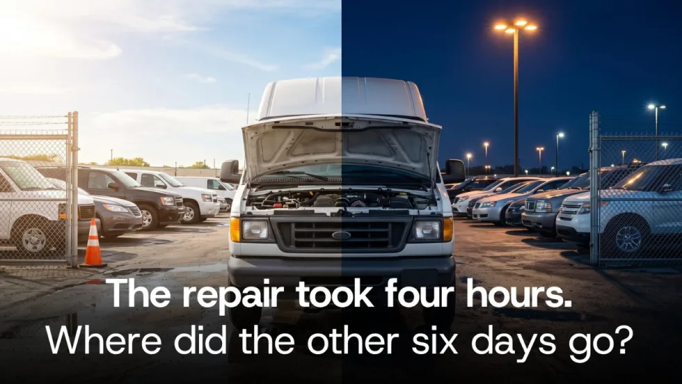 Split day-and-night image of a white commercial van with its hood open in a fleet parking lot. Overlaid text reads, “The repair took four hours. Where did the other six days go?”