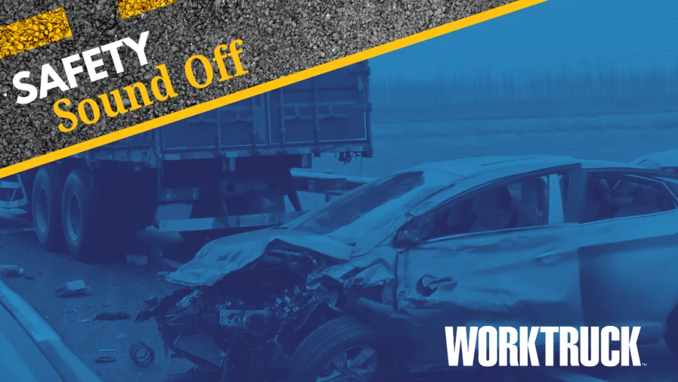 Safety Sound Off logo and headline top left set in front of a blue-toned vehicle crash photo, Work Truck logo bottom right.