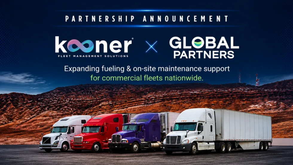 Partnership announcement graphic featuring the Kooner Fleet Management Solutions and Global Partners logos above four commercial semi-trucks, highlighting expanded access to fueling and on-site fleet maintenance services.